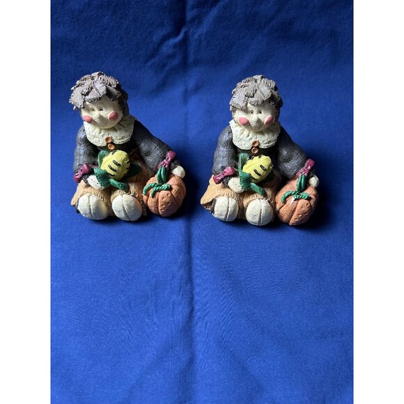 Vintage Ceramic Figurines Of Girl W/Pumpkins Set Of 2 Hand-Painted Collectibles - Picture 8 of 9